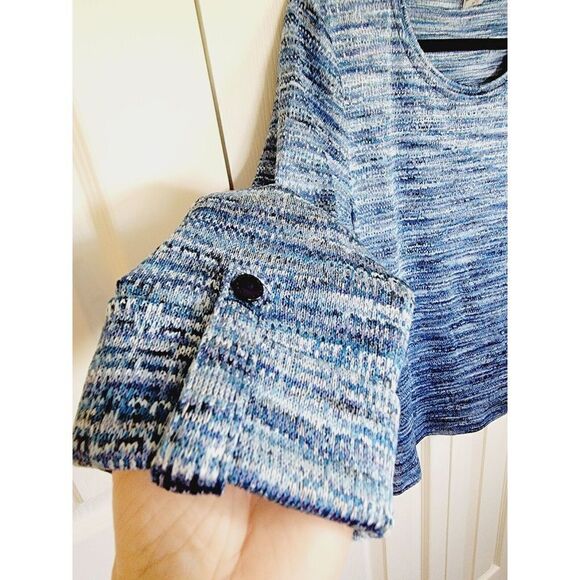 Allison Daley L Striped Sweater LARGE Blue White Fringe 3/4 Sleeve Tunic - Picture 4 of 5